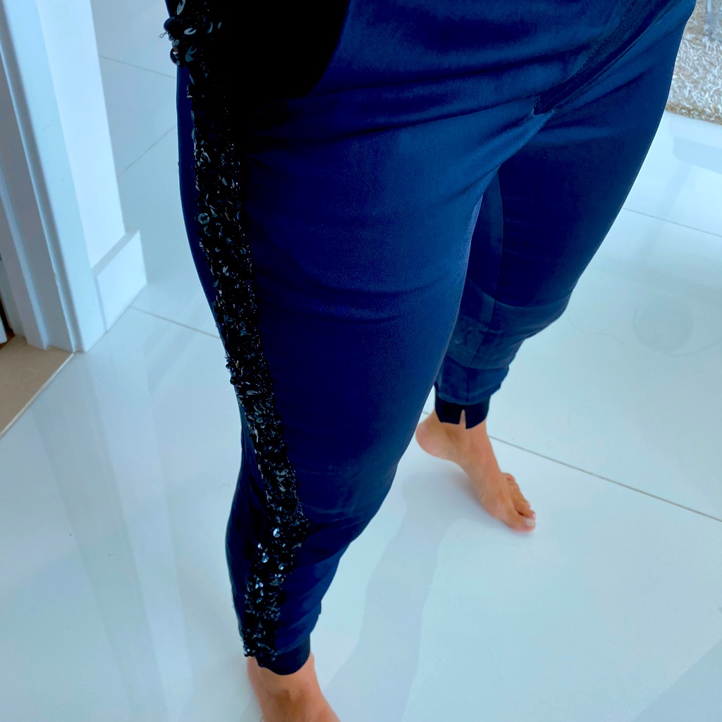 Navy Silky Pants With Black Sequins On The Side